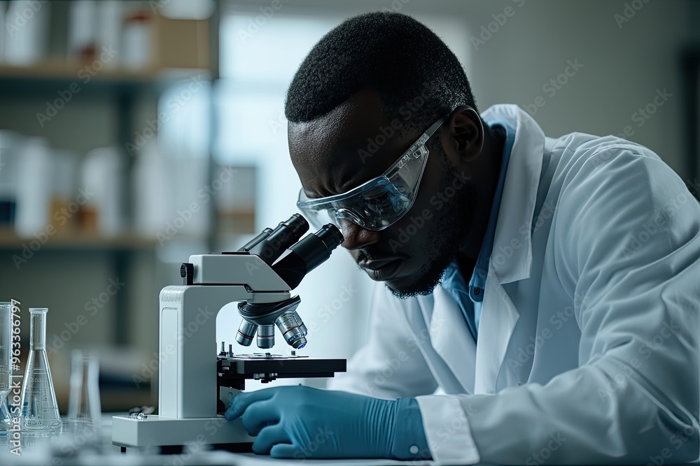 Scientist looks through a microscope. This photo can represent research, science, and discovery. Scientist looks through a microscope. This photo can represent research, science, and discovery.