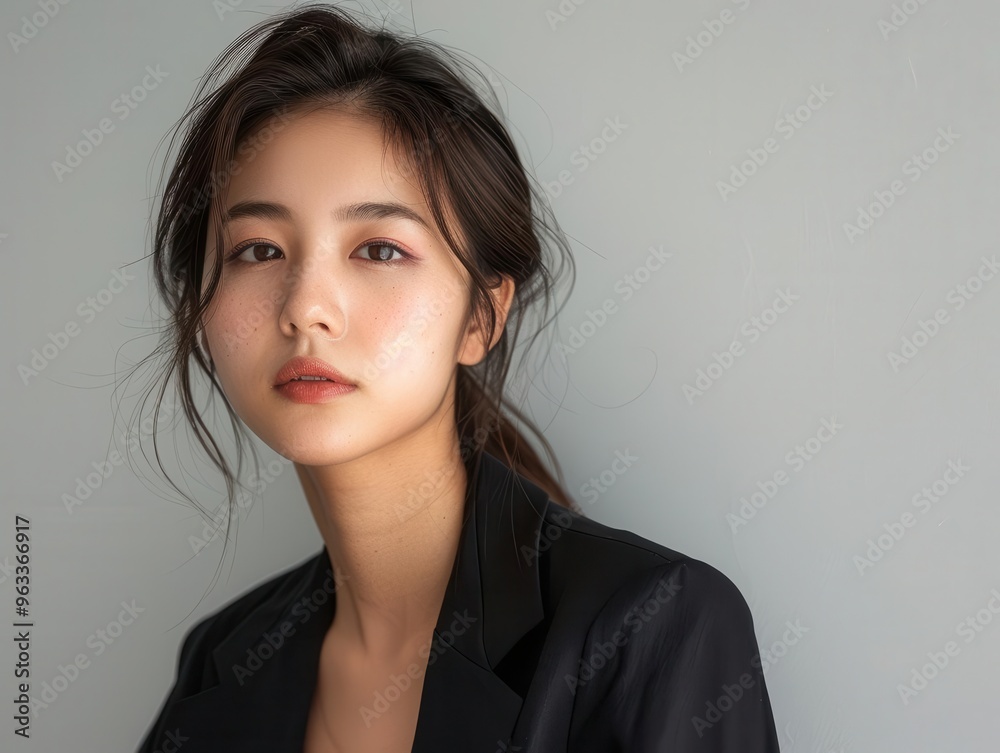 A businesswoman in suspicion, sideeyeing a competitor in a minimalist office with a blank background, closeup shot A businesswoman in suspicion, sideeyeing a competitor in a minimalist office with a blank background, closeup shot