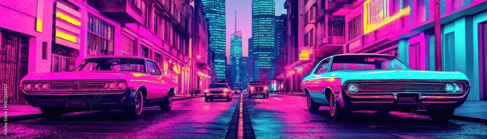 Fototapeta premium A vibrant city street at night, featuring classic cars illuminated by neon lights, creating a retro-futuristic atmosphere.