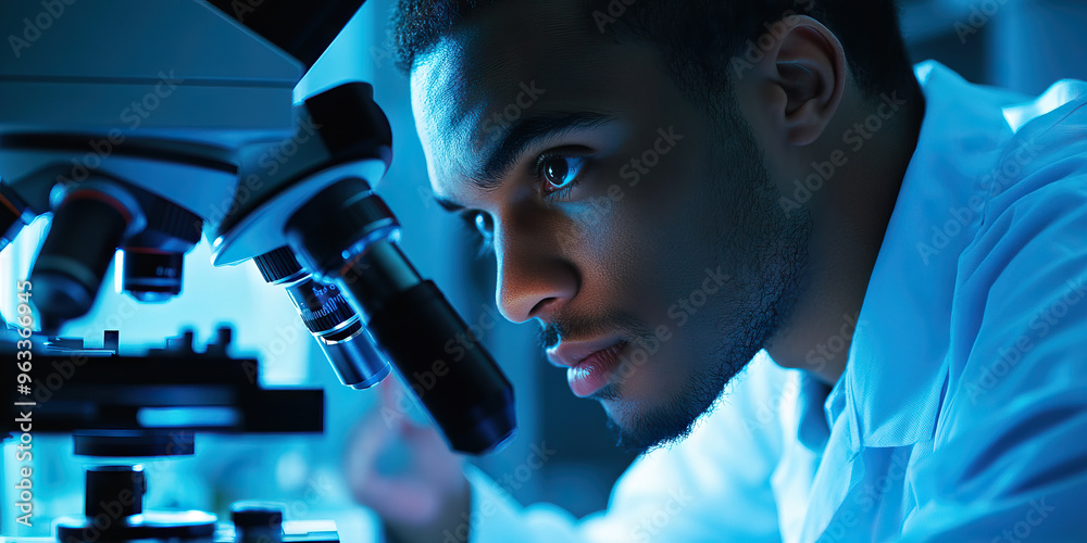 The Inventive Scientist: A man in a lab coat examining a microscope with curiosity. The Inventive Scientist: A man in a lab coat examining a microscope with curiosity.