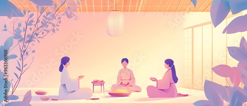 Flat llustration of families gathered around an altar, partaking in the Charye ceremony, presenting rice and fruit offerings. Soft lighting with warm pastel tones photo