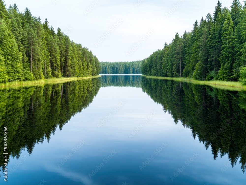 Fototapeta premium Peaceful lake surrounded by lush green trees, reflecting nature's beauty in calm waters under a clear sky.