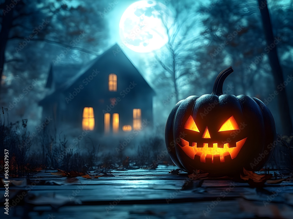 An animated pumpkin head jack o'lantern stands before a spooky forest and a full moon. Haunted house for halloween festival and trick-or-treat. An animated pumpkin head jack o'lantern stands before a spooky forest and a full moon. Haunted house for halloween festival and trick-or-treat.