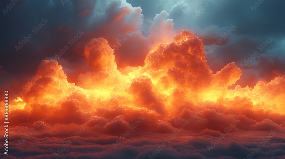 Fototapeta premium A dramatic, fiery sunset sky with glowing clouds and a dark background.