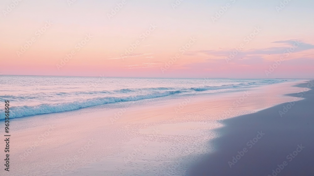 A tranquil beach coastline at sunrise, with soft pastel colors in the sky reflecting on the calm ocean water. A tranquil beach coastline at sunrise, with soft pastel colors in the sky reflecting on the calm ocean water.