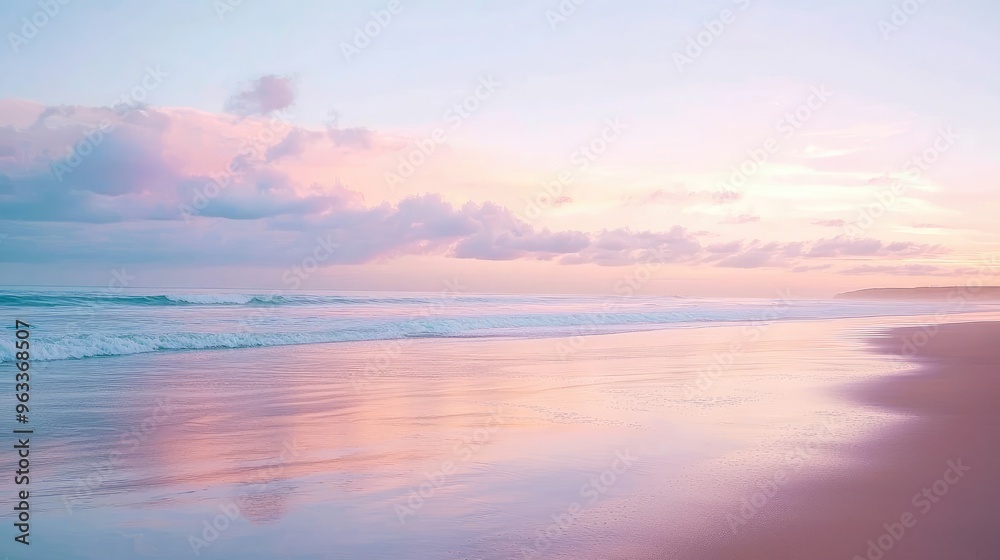 A tranquil beach coastline at sunrise, with soft pastel colors in the sky reflecting on the calm ocean water. A tranquil beach coastline at sunrise, with soft pastel colors in the sky reflecting on the calm ocean water.