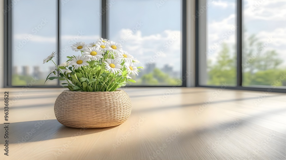 A beautiful flower arrangement in a modern interior, showcasing vibrant blooms in a stylish basket on a wooden floor. A beautiful flower arrangement in a modern interior, showcasing vibrant blooms in a stylish basket on a wooden floor.