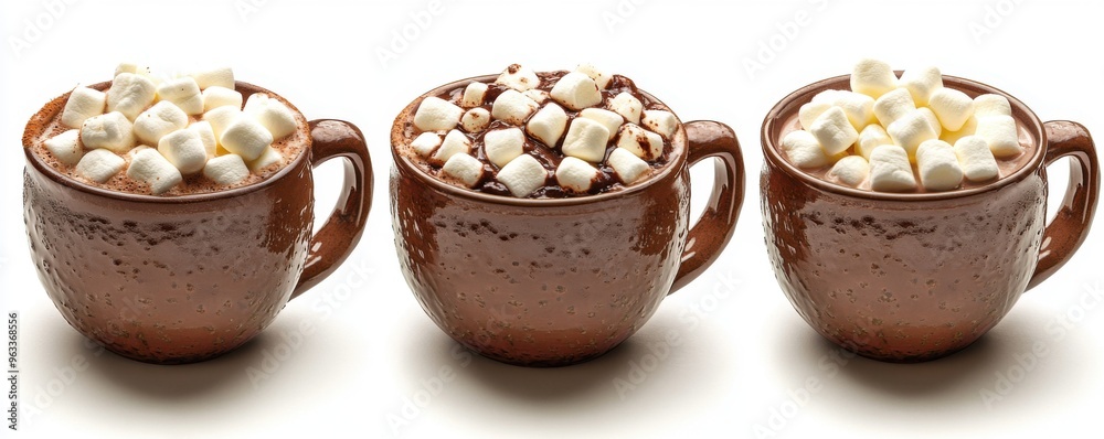 Hot Chocolate with Marshmallows in Brown Ceramic Mugs. Hot Chocolate with Marshmallows in Brown Ceramic Mugs.