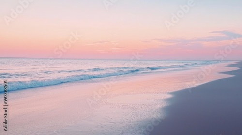 A tranquil beach coastline at sunrise, with soft pastel colors in the sky reflecting on the calm ocean water.