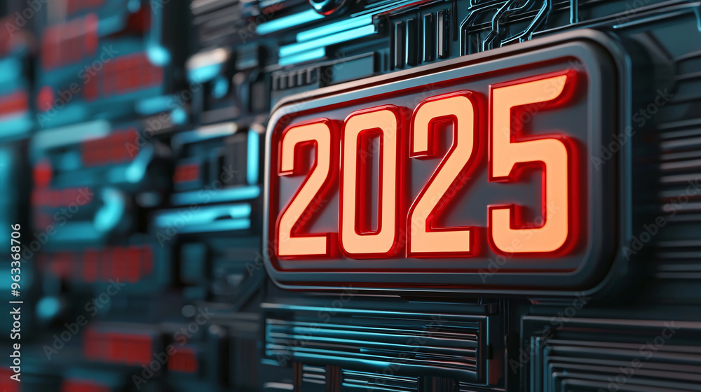 Obraz premium Futuristic 2025 sign glowing against high tech background, symbolizing innovation and progress.