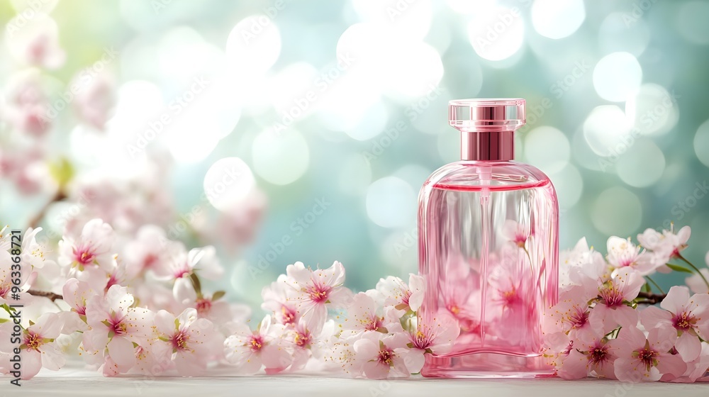 A beautiful pink perfume bottle surrounded by delicate cherry blossoms, symbolizing elegance and femininity in a serene setting.