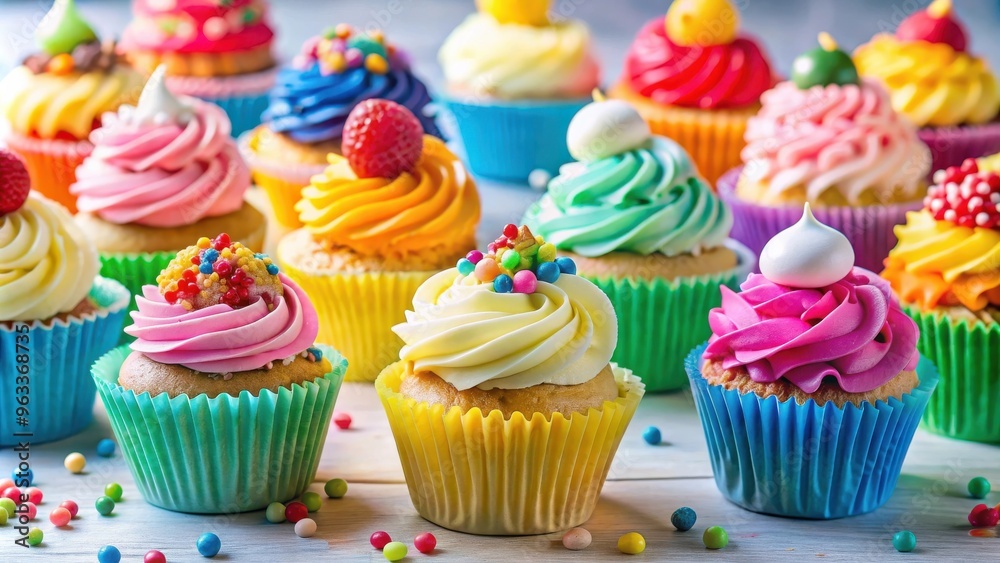 A collection of colorful cakes and cupcakes perfect for birthday parties and celebrations A collection of colorful cakes and cupcakes perfect for birthday parties and celebrations