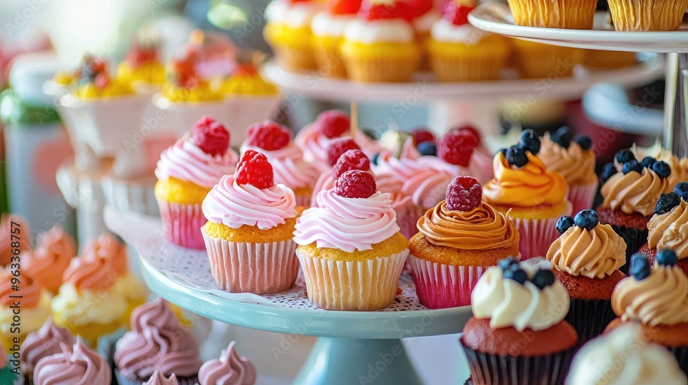 A variety of mini cakes and cupcakes on a dessert table, with different flavors, toppings, and vibrant colors displayed. A variety of mini cakes and cupcakes on a dessert table, with different flavors, toppings, and vibrant colors displayed.