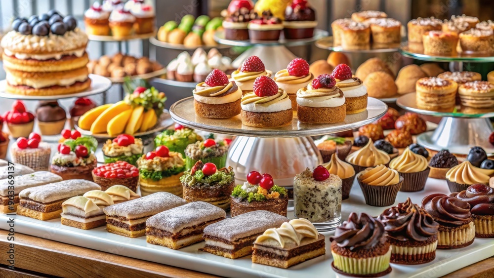 A beautifully arranged dessert display featuring an assortment of pastries and confectioneries with copy space A beautifully arranged dessert display featuring an assortment of pastries and confectioneries with copy space
