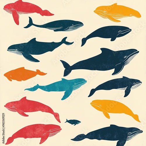 Set of Colorful Illustrated Whales in Artistic Style