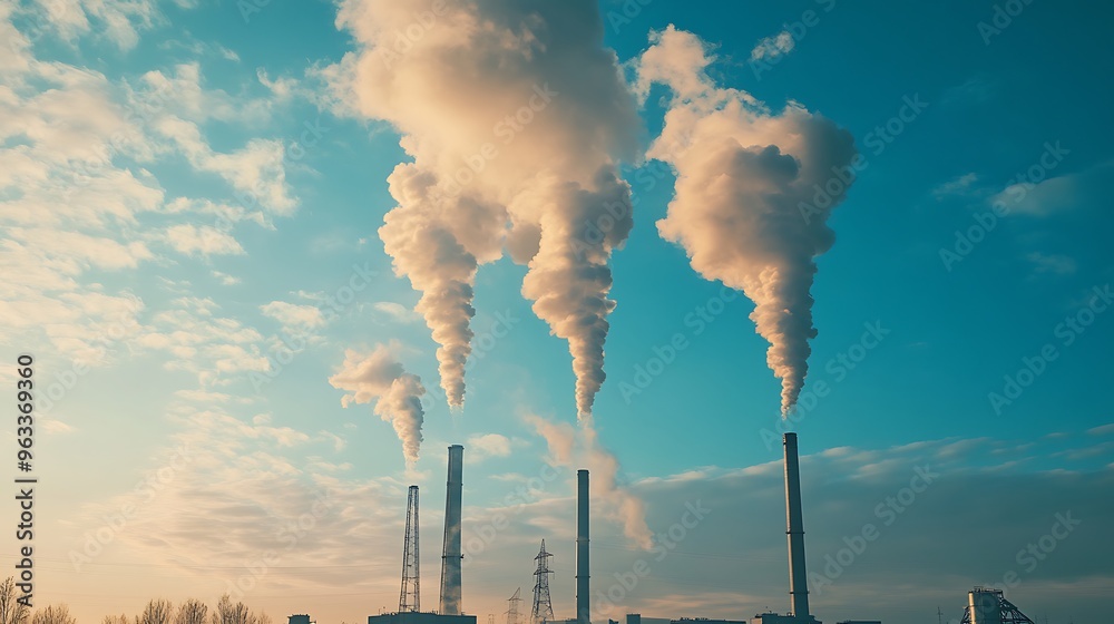 Industrial pollution billowing into the sky, showcasing the environmental cost of fossil fuels with blank sky for text placement.