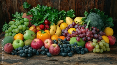 A vibrant display of assorted fresh fruits and vegetables, with a variety of colors and textures arranged on a rustic wooden table.