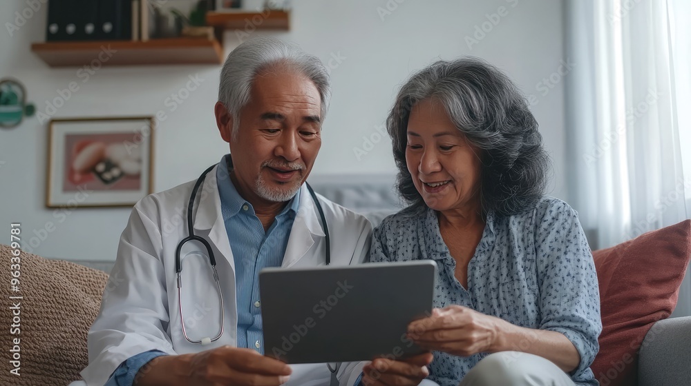Fototapeta premium Doctor and patient discuss medical information. Doctor explains medical details to elderly woman.
