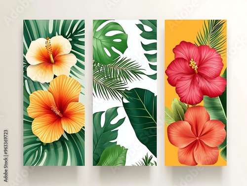 Set of three vertical wallmate flowers banner , minimalist sage flower 