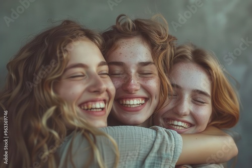 A team of colleagues displaying fondness, sharing a group hug in a minimalist office with a blank background