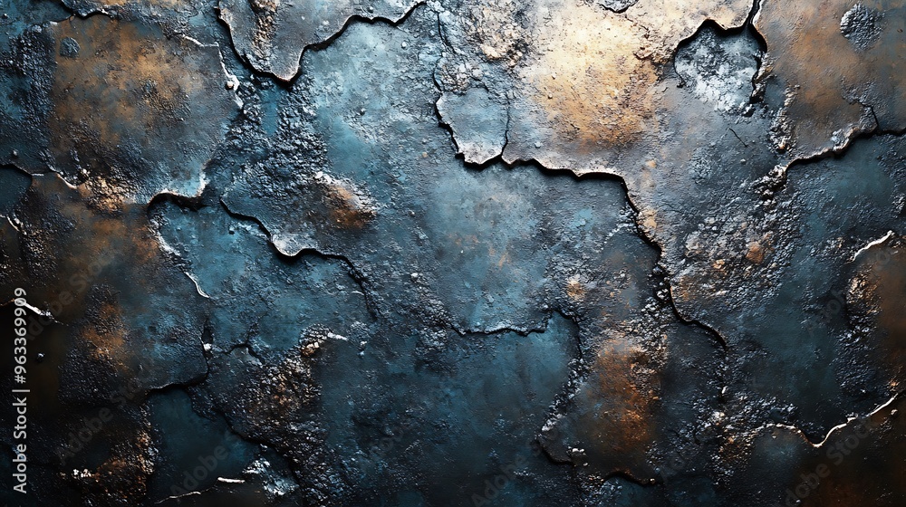 Abstract textured background of a dark blue and gold metallic surface with irregular cracks and bumps. Abstract textured background of a dark blue and gold metallic surface with irregular cracks and bumps.