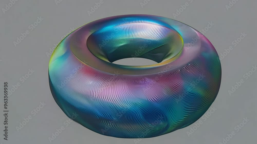 Realistic 3D animation of the abstract morphing liquid iridescent holographic torus rendered in UHD with a grey background