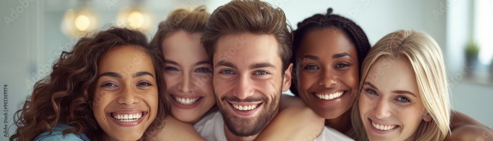 A team of colleagues displaying fondness, sharing a group hug in a minimalist office with a blank background A team of colleagues displaying fondness, sharing a group hug in a minimalist office with a blank background