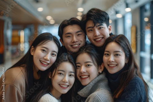 A team of colleagues displaying fondness, sharing a group hug in a minimalist office with a blank background, medium shot