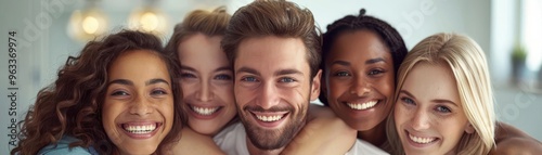 A team of colleagues displaying fondness, sharing a group hug in a minimalist office with a blank background