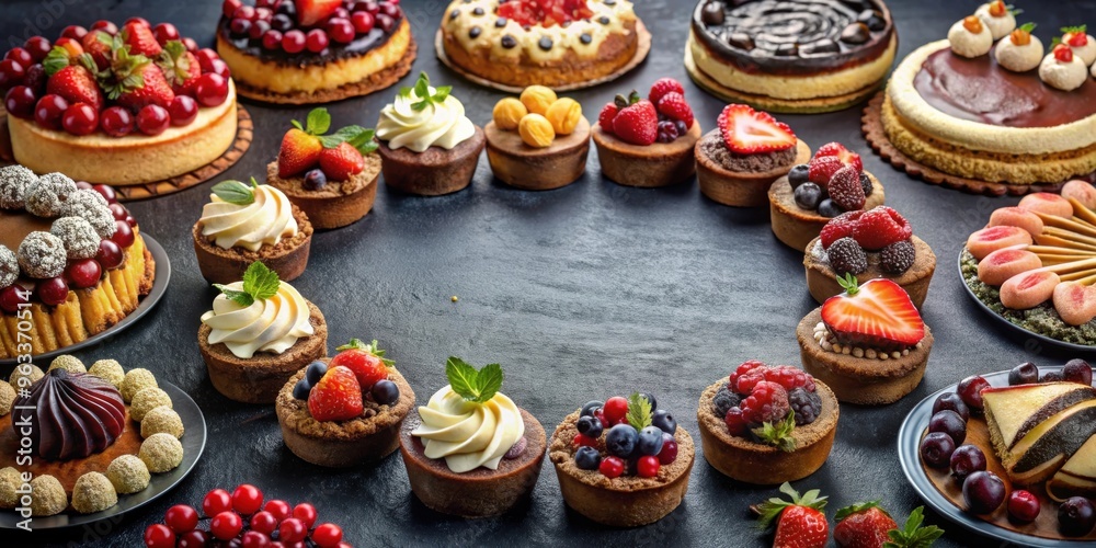 A circle of decadent cakes and tarts displayed on a table A circle of decadent cakes and tarts displayed on a table