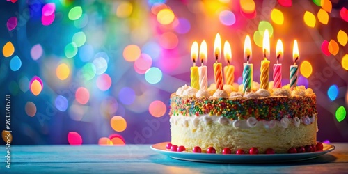 Delicious birthday cake with lit candles on a colorful background with copy space