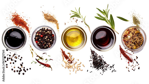 Fototapeta Naklejka Na Ścianę i Meble -  A row of five glass bottles with different colored liquids and spices
