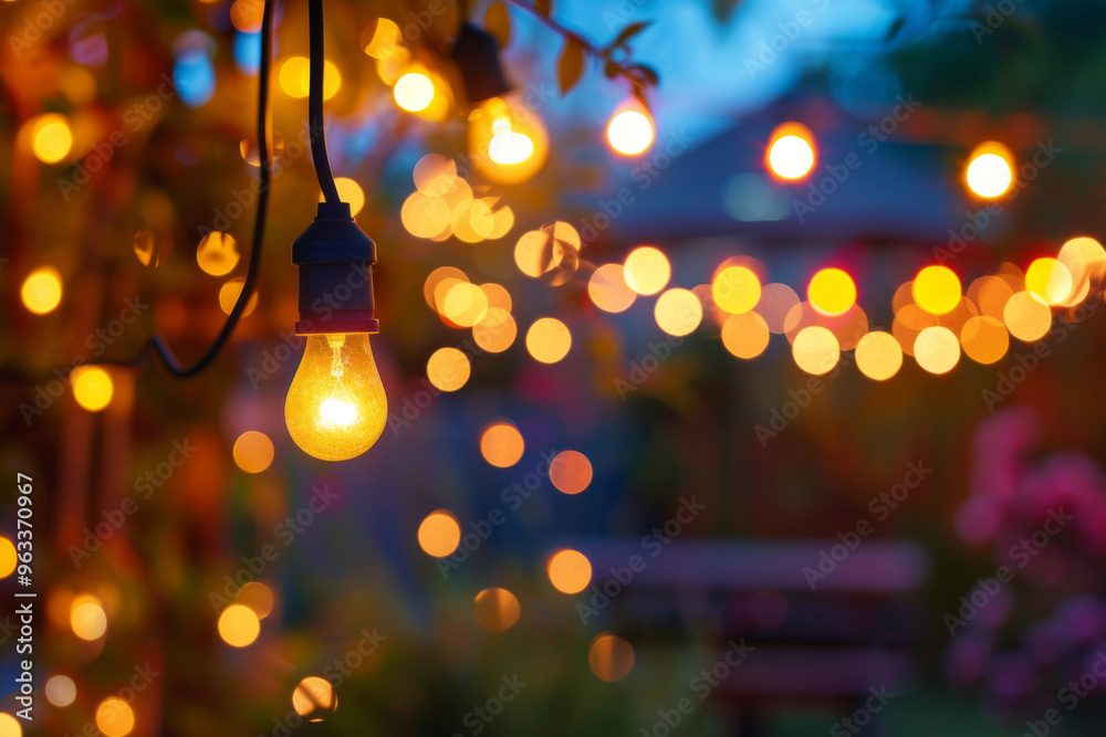 String lights hanging providing warm lighting for an outdoor event String lights hanging providing warm lighting for an outdoor event