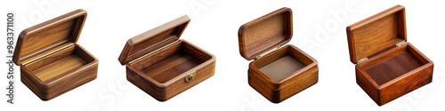 Open wooden boxes with hinged lids against a transparent background, showcasing simple craftsmanship and grain patterns.