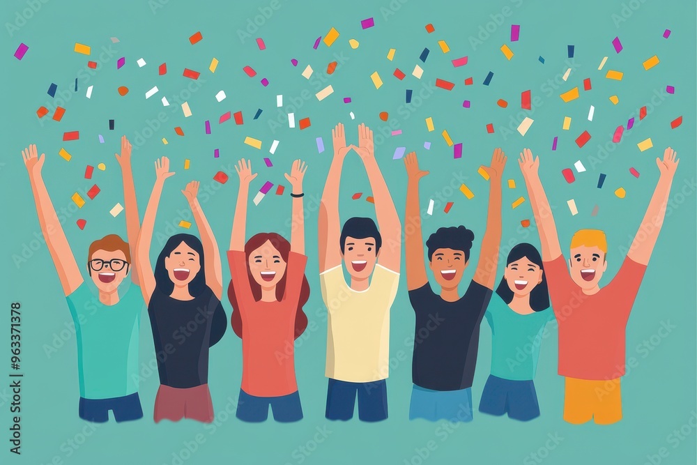 A diverse group of friends celebrating with confetti, joyful expressions, and raised arms. A diverse group of friends celebrating with confetti, joyful expressions, and raised arms.