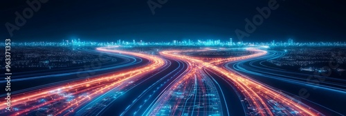 digital highway overlaid on a world map, Global Connectivity and Digital Infrastructure, International Trade and Logistics Networks, Economy and E-commerce, Smart Cities and Global Urbanization. 