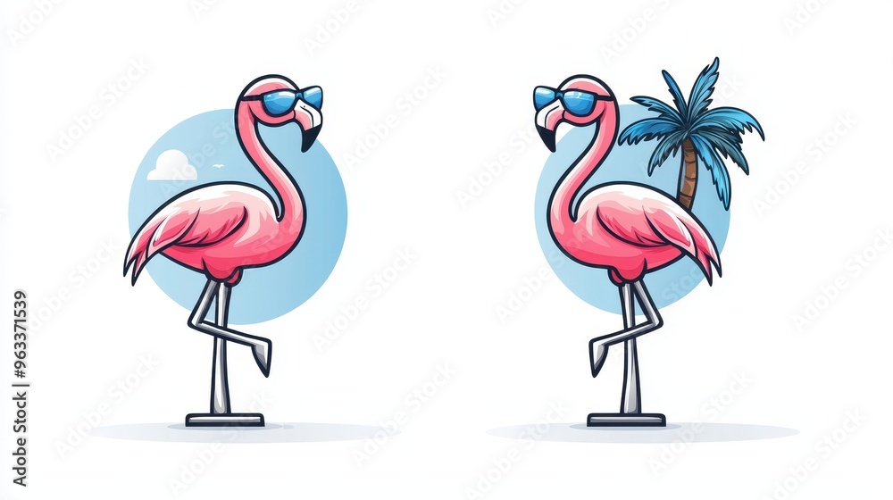 Obraz premium Tropical Flamingo Fun - Cartoon Bird with Drink & Shades for Vibrant T-shirt Design
