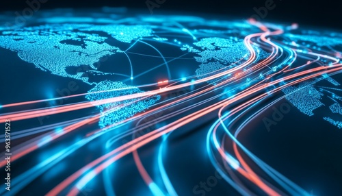 Wallpaper Mural digital highway overlaid on a world map, Global Connectivity and Digital Infrastructure, International Trade and Logistics Networks, Economy and E-commerce, Smart Cities and Global Urbanization.  Torontodigital.ca