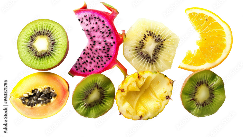 A colorful fruit salad with a slice of pineapple, kiwi, and dragon fruit A colorful fruit salad with a slice of pineapple, kiwi, and dragon fruit