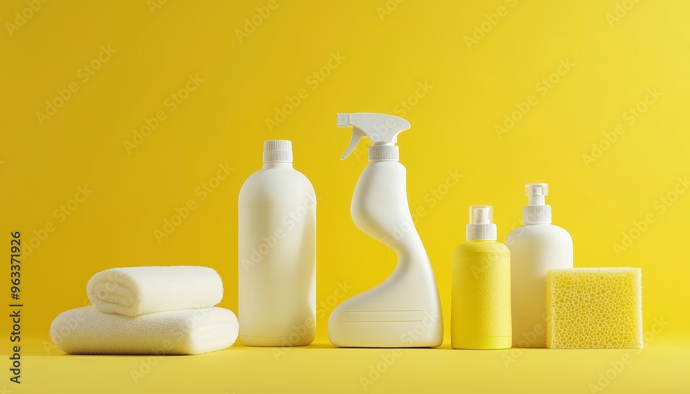 White cleaning bottles, a yellow spray bottle, a sponge and a white towel on a yellow background. White cleaning bottles, a yellow spray bottle, a sponge and a white towel on a yellow background.