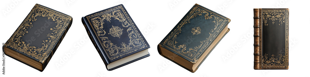 Fototapeta premium Four Ornate Vintage Books Displayed in Various Positions on Transparent Background