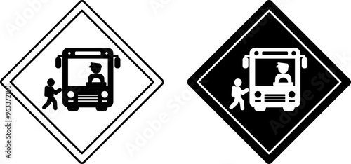 Signs School Bus Warning. Road Sign. Bus Stop. Schoolboy Entering School Bus With Driver. Black and White Vector Icons