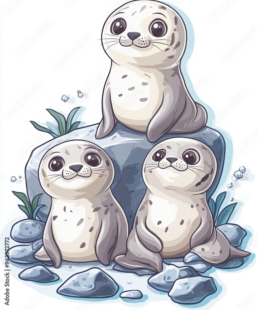 Obraz premium seal sea animal cute cartoon wildlife marine life ocean illustration playful adorable baby seals seal family aquatic creatures pastel colors seaside 