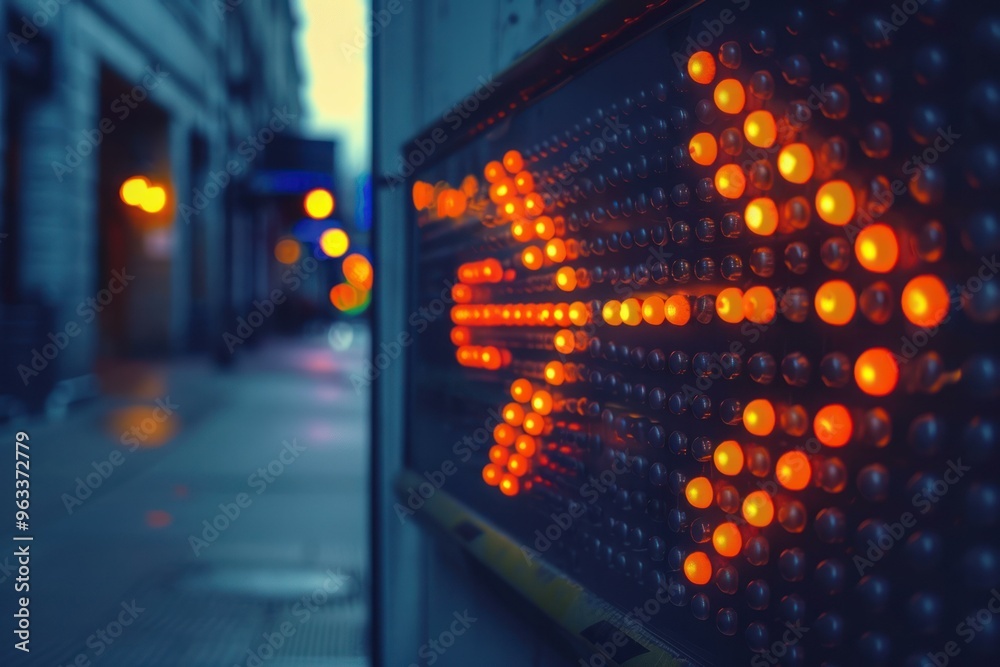 Obraz premium Illuminated arrow sign is giving directions on a city street at dusk