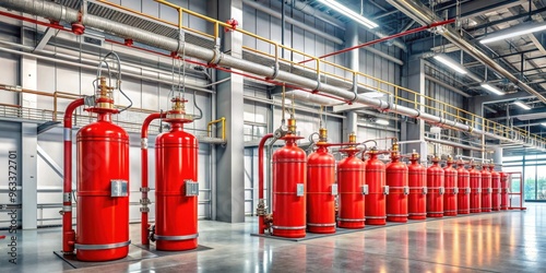 Industrial fire suppression system with rows of large red cylinders in a modern facility, showcasing advanced safety equipment and infrastructure for fire prevention and emergency response.