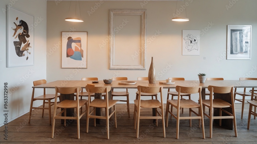 Fototapeta premium An empty dining table in a restaurant interior design illustration template image, An empty photo frame on the wall interior mockup design.