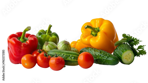 A variety of vegetables including tomatoes, cucumbers