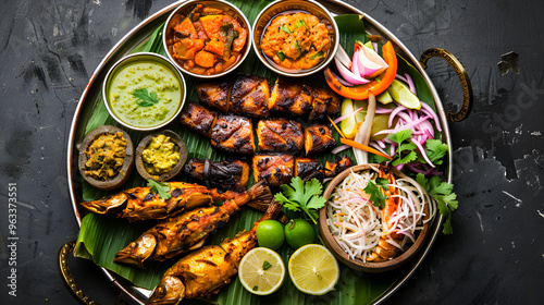 Seafood or a fish platter Serve the thali on a steel plate or on top of a banana leaf copy space.