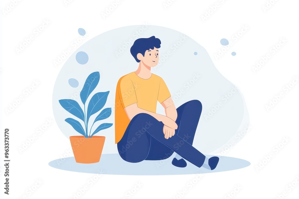 A smiling man sits cross-legged on the floor, with a plant beside him, in a light blue background. A smiling man sits cross-legged on the floor, with a plant beside him, in a light blue background.