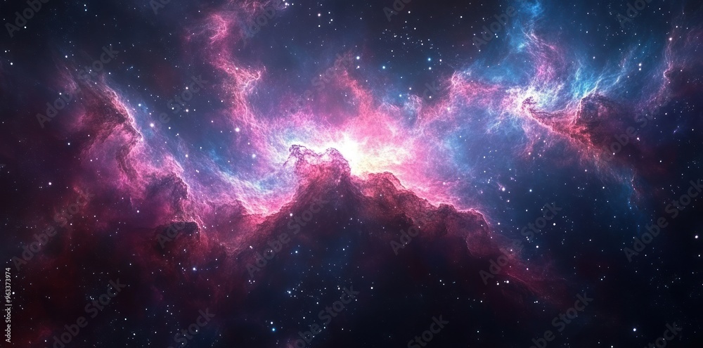 Naklejka premium A Cosmic Nebula with Pink and Blue Swirls and Stars